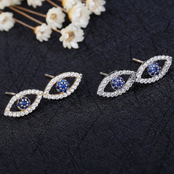 Gold and Blue CZ Evil Eye Stud Earrings - Picture 3 of 3